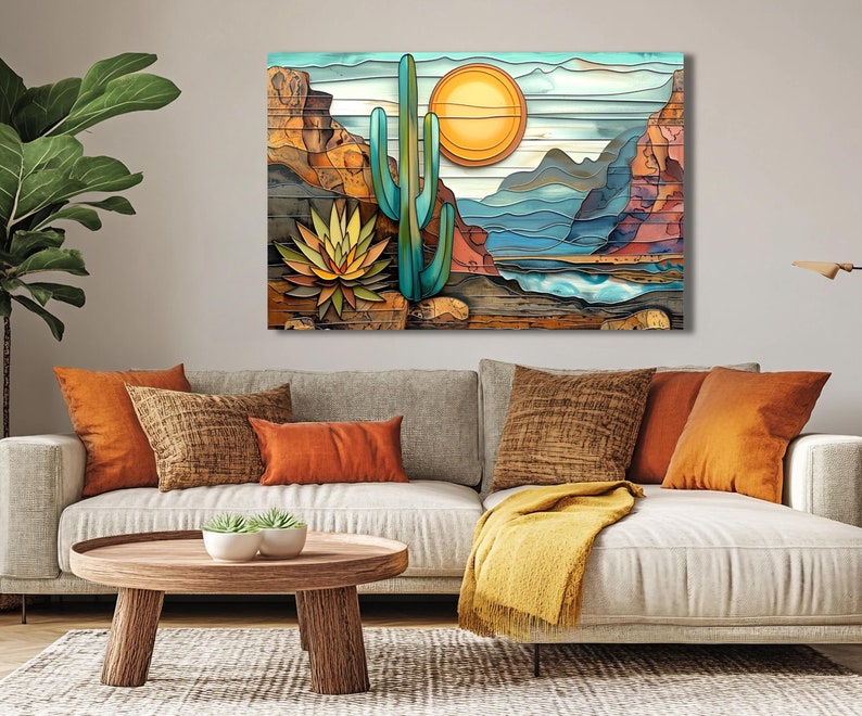 Abstract Southwest Landscape in Teal, Brown, Yellow and Green. Canvas