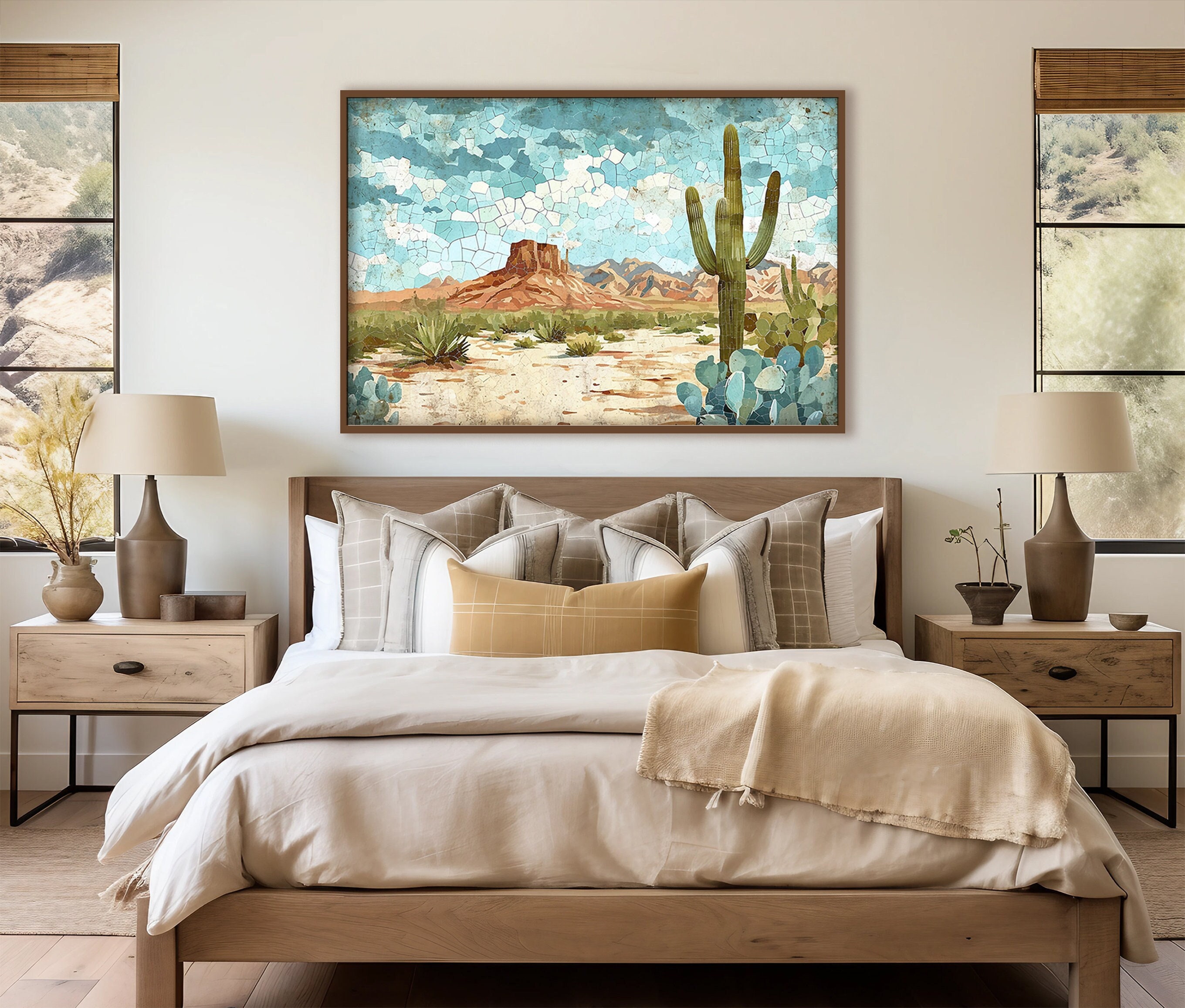 Abstract Southwest Landscape Wall Art, Ranch Home Decor, Teal Green Brown Western Decor, Faux Mosaic Modern Art, Home Office, Neutral Colors