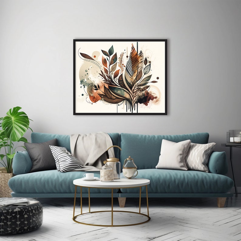 May include: A framed abstract art print with a watercolour style design featuring brown, green, and beige leaves and swirls on a white background.