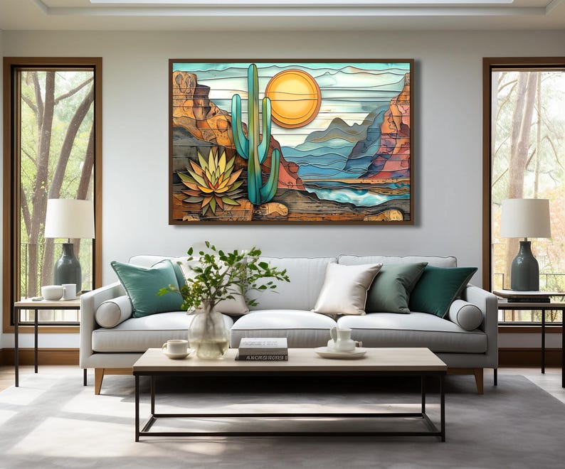 Abstract Southwest Landscape in Teal, Brown, Yellow and Green. Canvas