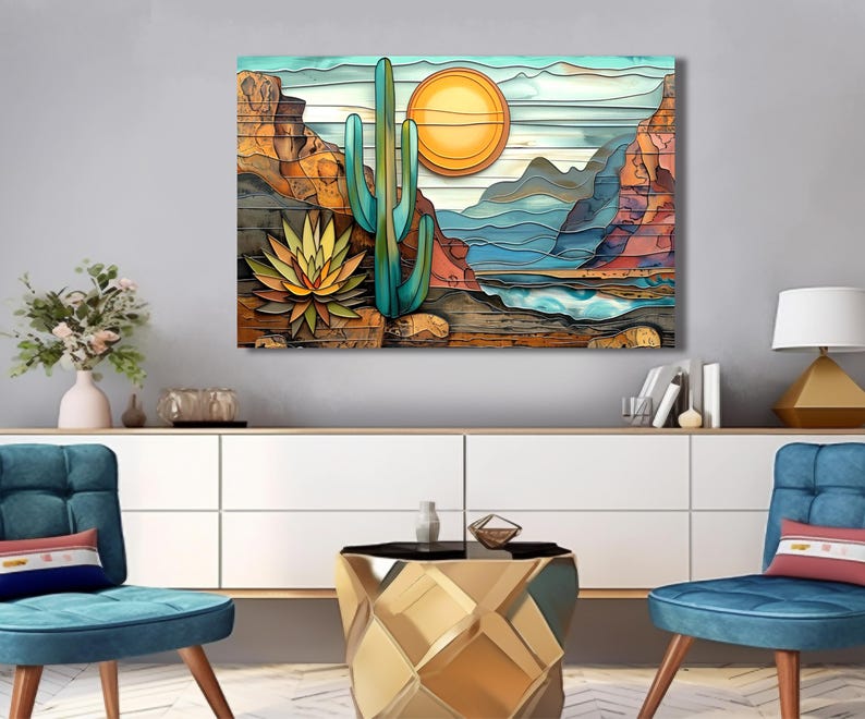 Abstract Southwest Landscape in Teal, Brown, Yellow and Green. Canvas