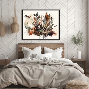 May include: A framed abstract art print with a watercolour style design featuring brown, green, and orange leaves and a white background.