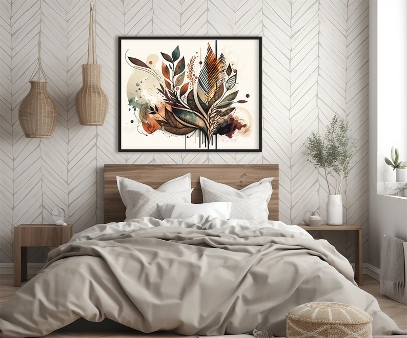 May include: A framed abstract art print with a watercolour style design featuring brown, green, and orange leaves and a white background.