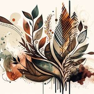May include: Abstract art print featuring a stylised floral design with brown, orange, and green leaves. The background is a light beige with watercolour splatters.