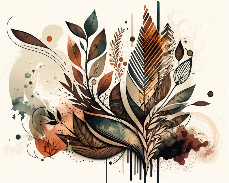 May include: Abstract art print featuring a stylised floral design with brown, orange, and green leaves. The background is a light beige with watercolour splatters.
