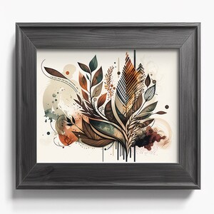 May include: A framed abstract art print featuring a stylised floral design with brown, green, and gold leaves and a watercolour-like background.