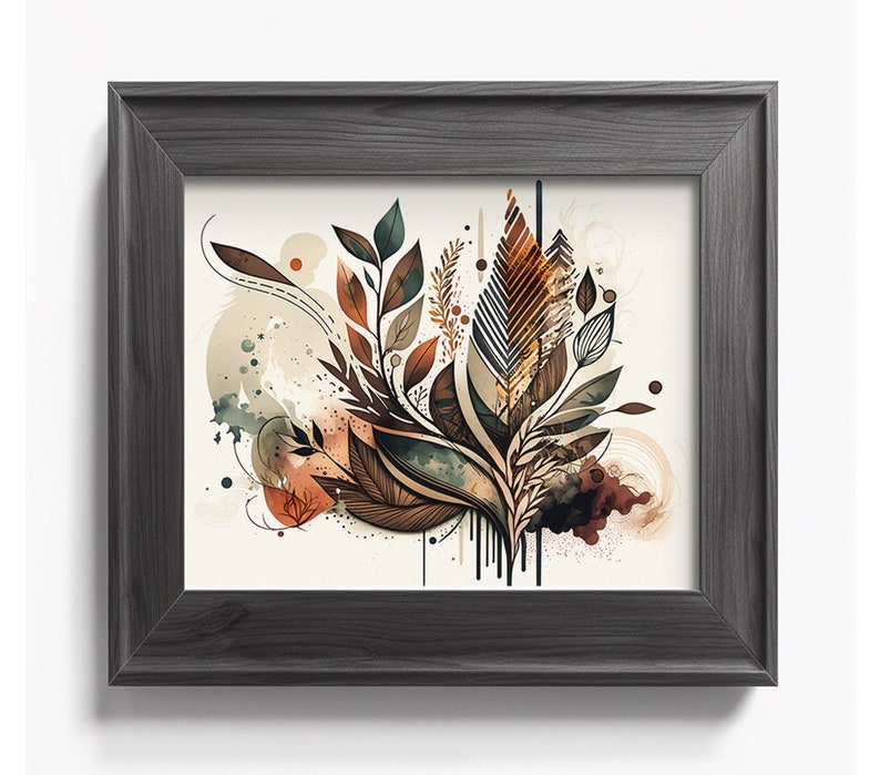 May include: A framed abstract art print featuring a stylised floral design with brown, green, and gold leaves and a watercolour-like background.