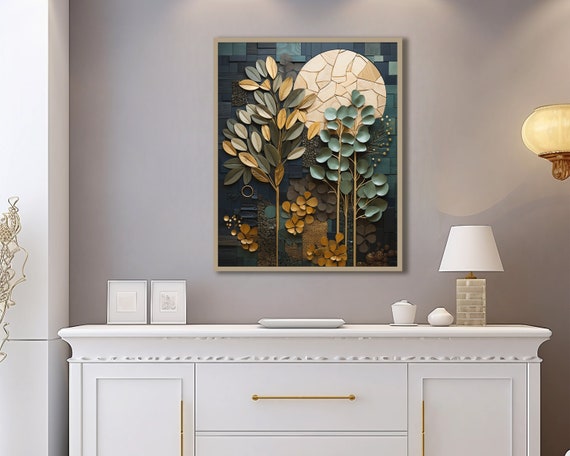Boho Blue, Teal, Beige and Gold Print, Earth Tones Wall Decor, Bohemian Style Poster, Room Wall Art, Bedroom Art, Neutral Colors, Botanical