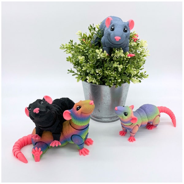 Cute Poseable Rat Toy - 3D Printed Playful Articulated Animal Toy, Adult & Juvenile Sizes, Customizable Colors, Kids Fidget Toy