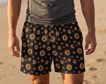 Bitcoin Logo Art Swim Trunks | Crypto Beach Shorts with Mesh Liner