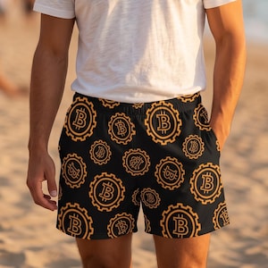 Short unisexe en coton imprimé Bitcoin Art noir et orange