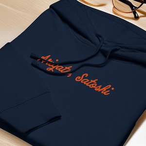 Arigato Satoshi Embroidered Women’s Organic Mid-weight Hoodie | Bitcoin Embroidery Eco Sweatshirt