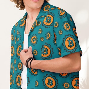 Bitcoin Logo Pattern BTC Fan Hodler Unisex Button Shirt | Gift Idea for Bitcoin Lovers | Bitcoin Art T-shirt For Crypto Traders