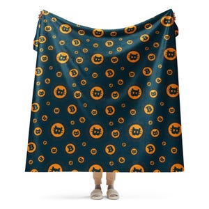 Bitcoin Cozy Sherpa Blanket | Birthday Holiday BTC Investor Gift for Him| Dark Blue Orange Winter Accessories for  Bitcoin Fan