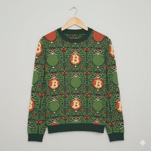 May include: Green sweater with a repeating pattern of Bitcoin symbols inside Christmas ornament designs. The sweater has a dark green collar, cuffs, and hem. The Bitcoin symbols are in a gold color.