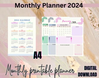 A4 printable calendar 2024, 2024 Monthly Planner, Printable PDF Digital, Easy Download, Digital, Print Home PDF, Download Colorful, Calendar