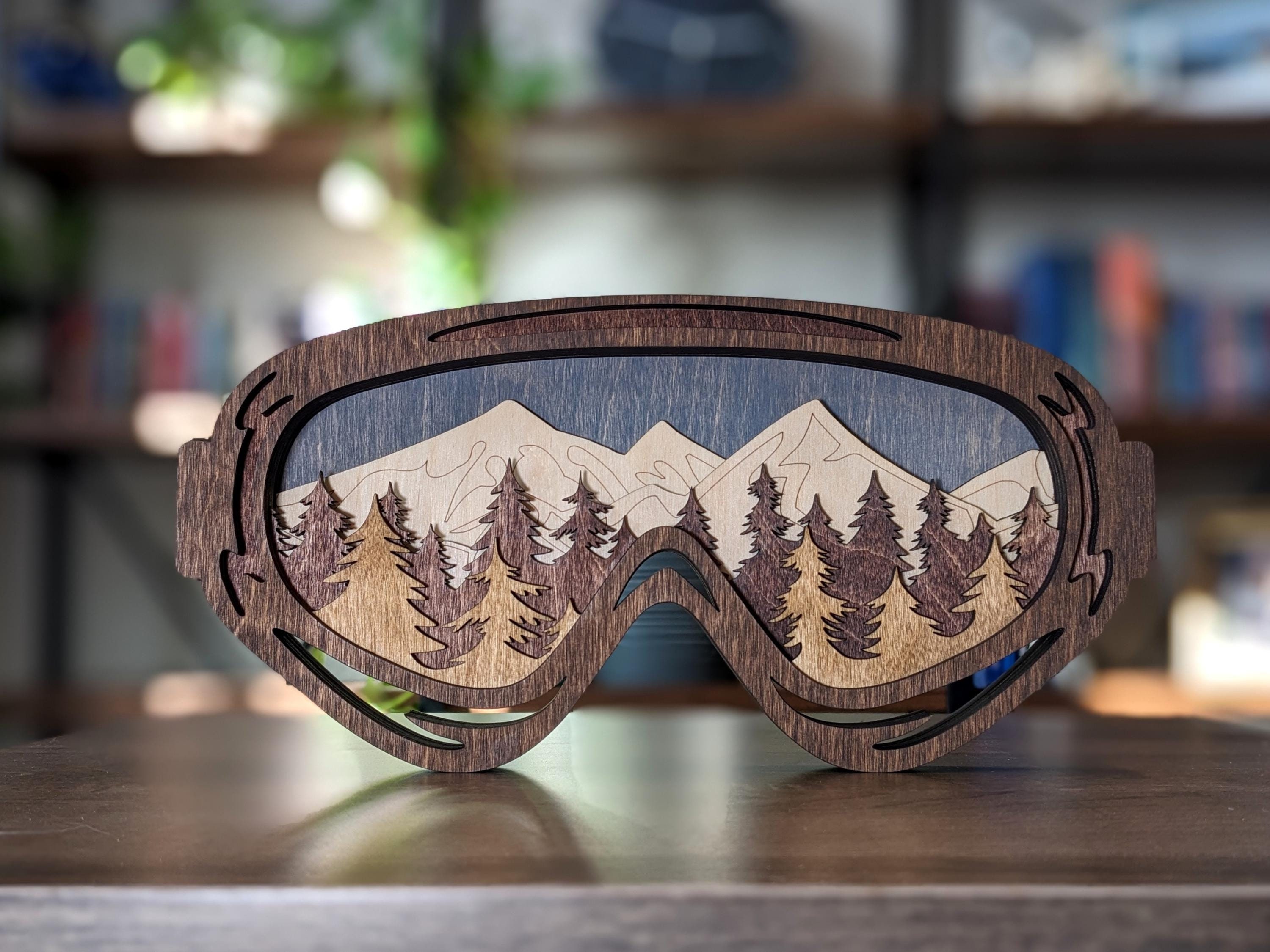 Neutral Color Wooden Layered Ski Goggles: Shelf Decor for Skiers