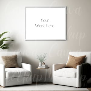 Minimalist Living Room Frame Mockup, Sunlit Interior with Chairs, Modern Wall Art Display, Editable Canva Template