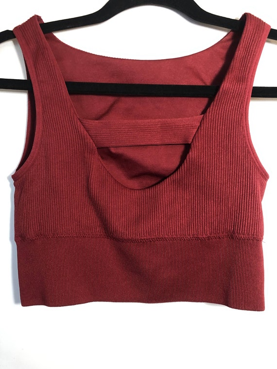 Zella Ribbed Active Crop Top Sport Bra Crew Neck M Burgundy