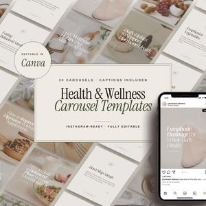 May include: A collection of twenty health and wellness social media carousel templates featuring beige backgrounds, serif typography, and food imagery. A smartphone displays one template with the text Lymphatic Drainage For Whole Body Health.