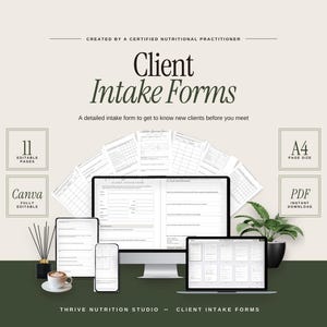 May include: A digital set of Client Intake Forms featuring 11 editable pages in A4 size. The display shows a computer monitor, tablet, and smartphone screen with form layouts, alongside a coffee cup and a small potted plant.