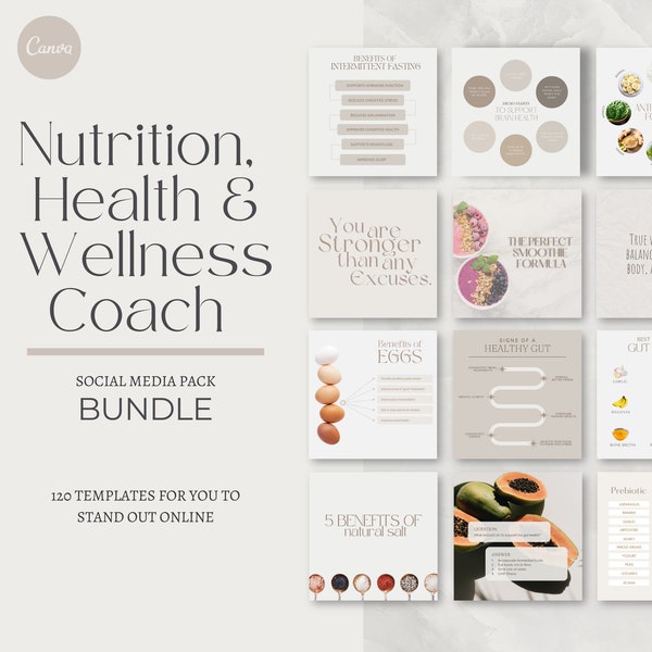 Modèle d'ensemble de publications et bobines Instagram pour coach en nutrition | Publication Instagram Canva | Modèle Santé et bien-être | Modèles de coach santé