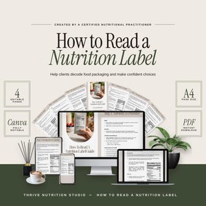 Op de afbeelding: Een digitale gids getiteld How to Read a Nutrition Label met vier bewerkbare pagina's, Canva-compatibiliteit en A4-formaat. De weergave toont een computermonitor, een laptop en een smartphonescherm met instructietekst en afbeeldingen.