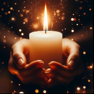 May include: A pair of hands holding a white candle with a bright flame burning. The candle is set against a dark background with twinkling lights.