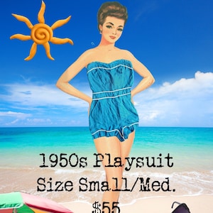 1950s vintage playsuit bathing suit pinups, size small/medium, color ocean blue with pockets
