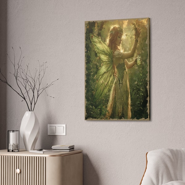 Unique Wall Art for your Home, Apartment, Dorm Room. Surreal Art, OIl Painted Green Fairy in the woods. Imperfect is beautiful.