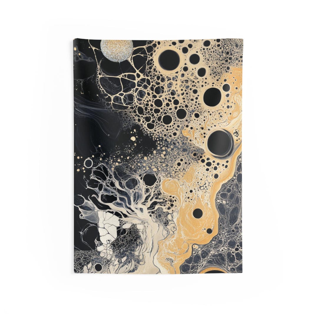 Abstract Black Gold White Pour Art Tapestry | Organic Fluid Painting ...