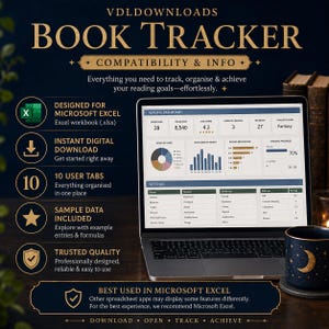 May include: A digital book tracker spreadsheet for Microsoft Excel displayed on a laptop screen. The interface features a reading dashboard with charts, graphs, and data tables for tracking books read, pages, ratings, and genres. Text includes VDLDOWNLOADS BOOK TRACKER, COMPATIBILITY & INFO, and details on features like 10 user tabs and sample data.