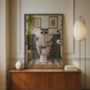 Può includere: Una stampa artistica incorniciata raffigurante un procione seduto su un water bianco che legge un giornale intitolato The Bathroom Times. Lo sfondo mostra un bagno con perlinato verde, pavimento a scacchi, una pianta pensile e due quadri.