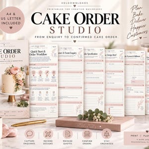 Könnte beinhalten: Ein druckbares Set zur Verwaltung von Tortenbestellungen mit mehreren Formularen für Kundenanfragen, Tortenspezifikationen, Designentwürfe und Produktionszusammenfassungen, gestaltet in einem schlichten Design mit zartrosa Akzenten.
