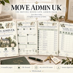 May include: A Move Admin UK house moving life-admin pack featuring four printed pages with checklists, trackers, and dashboards. The documents include text, house illustrations, and botanical accents in a cream and sage green colour scheme.