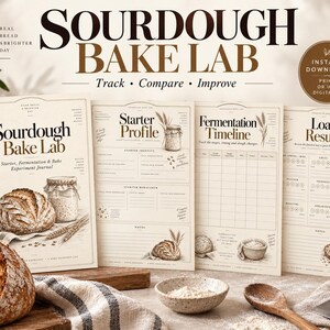 May include: A Sourdough Bake Lab journal set featuring four cream-colored pages with brown text and illustrations of bread and jars. The pages include sections for Starter Profile, Fermentation Timeline, and Loaf Results for tracking baking.