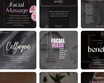 May include: A collage of nine images promoting different skincare treatments. The images feature text overlays with titles like "Facial Massage", "Night Cream Benefits", "Collagen", "Facial Mask", "Hyaluronic Benefits", "Exfoliate", and "Types of Exfoliation".
