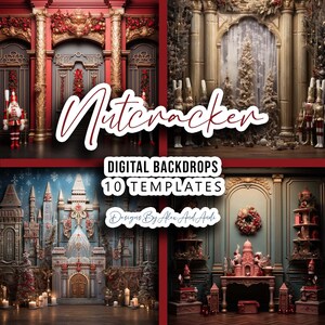 May include: A set of 10 digital backdrops featuring a Nutcracker theme. The backdrops include a variety of scenes, such as a grand ballroom, a snowy forest, and a toy shop.  The backdrops are perfect for use in photography, videography, and graphic design.
