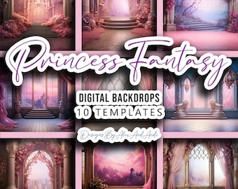 Può includere: Un set di 10 sfondi digitali con temi di fantasia da principessa. Gli sfondi includono una varietà di ambientazioni, come un castello, una foresta e un giardino. Gli sfondi sono perfetti per l'uso in fotografia, graphic design e altri progetti creativi.  "Princess Fantasy" e "Digital Backdrops" sono scritti in bianco su sfondo rosa.  "10 Templates" è scritto in bianco su sfondo rosa.