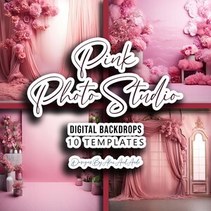 May include: Pink Photo Studio digital backdrops with 10 templates. The backdrops feature pink curtains, flowers, and a window. The text "Designs By Alex And Andi" is at the bottom of the image.