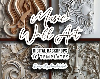 May include: A set of 10 digital wall art templates featuring intricate 3D designs of musical notes, a violin, and other musical elements. The designs are in shades of white and brown, with a textured, carved look. The text "Music Wall Art" and "Digital Backdrops 10 Templates" is included in the image.