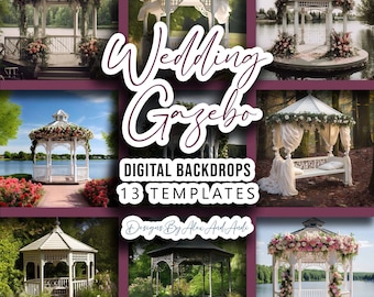 Boda Gazebo Telón de fondo Fondo Estudio de sesión de fotos digitales Plantilla de imagen de recién casado Flor Floral Prop Jardín Fiesta Lago Banco Telón de fondo
