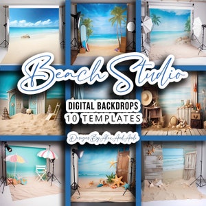Beach Studio Backdrop Background Studio Digital Photo shoot Sunny Sand Sea Birthday Picture Baby Child Surf Umbrella Starfish Chair Tropical