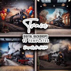 May include: Four digital backdrops featuring vintage steam trains with smoke and clouds. The backdrops are ideal for photographers and digital artists.  The backdrops are titled "Train Digital Backdrops 10 Templates".