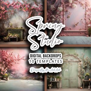 May include: A set of 10 digital backdrops featuring spring-themed scenes with blooming flowers, a vintage door, and a fireplace. The backdrops are perfect for photographers and digital artists looking to create beautiful and whimsical images.