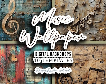 May include: A set of 10 digital music wallpaper backgrounds. The backgrounds feature a variety of musical notes, treble clefs, and piano keys in a distressed, vintage style. The text "Music Wallpaper" is written in a decorative font across the top of the image. The text "Digital Backdrops 10 Templates" is written in a black font on a white background.