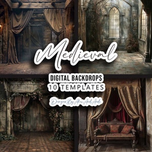 Puede incluir: Un collage de cuatro fondos digitales con temática medieval. Los fondos presentan muros de piedra, suelos de madera y cortinas drapeadas en tonos marrón, gris y rojo. El texto incluye "Medieval", "Digital Backdrops" y "10 Templates".