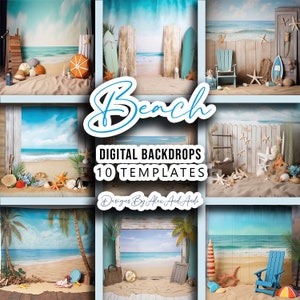 Beach Backdrop Background Digital Photo shoot Sunny Sand Sea Birthday Picture Prop Baby Child Surf Umbrella Starfish Chair Tropical Rustic