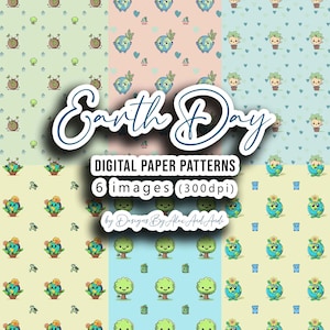 May include: Six digital paper patterns featuring Earth Day themed illustrations. The patterns include a green earth with a flower, a green tree, a green plant in a pot, and a blue earth with a flower. The patterns are on a light green, light blue, light yellow, and light pink background.