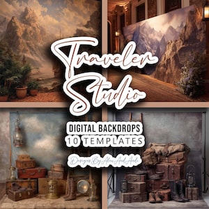 May include: Digital backdrop templates for photographers. The image shows a collection of vintage suitcases, lanterns, and other props arranged on a textured gray backdrop. The text "Traveler Studio" is written in a stylized font on a brown background. The text "Digital Backdrops 10 Templates" is written in white on a brown background. The text "Designs By Alex And Andi" is written in white on a brown background.
